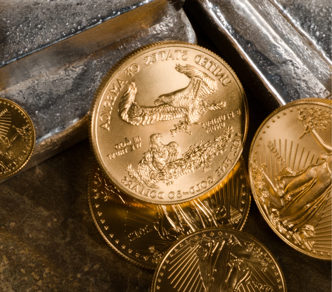 Gold bars and coins demonstrating portfolio diversification for retirement